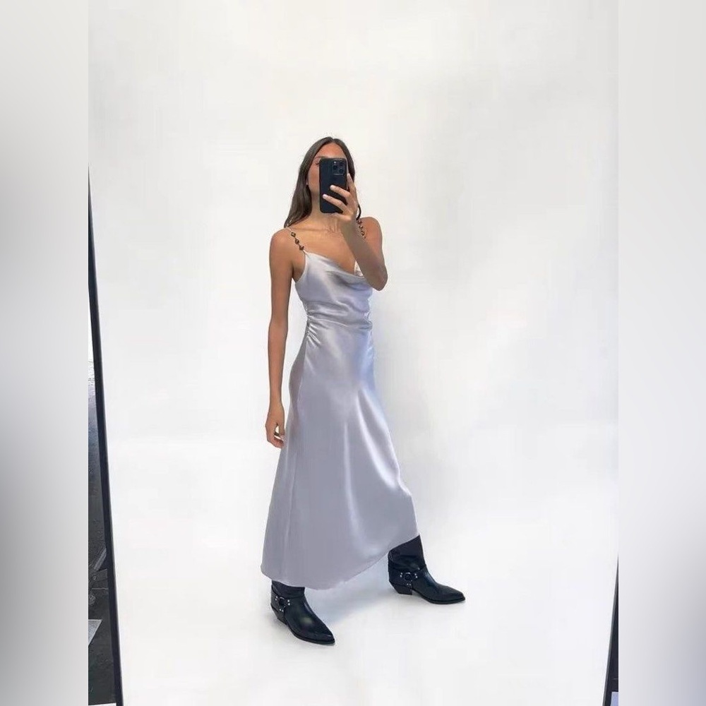 ๐(NWOT) ZARA Bloggers Fav Satin Cowl Neck Midi Dress w/ Rhinestone Straps. SMALL - Picture 9 of 12
